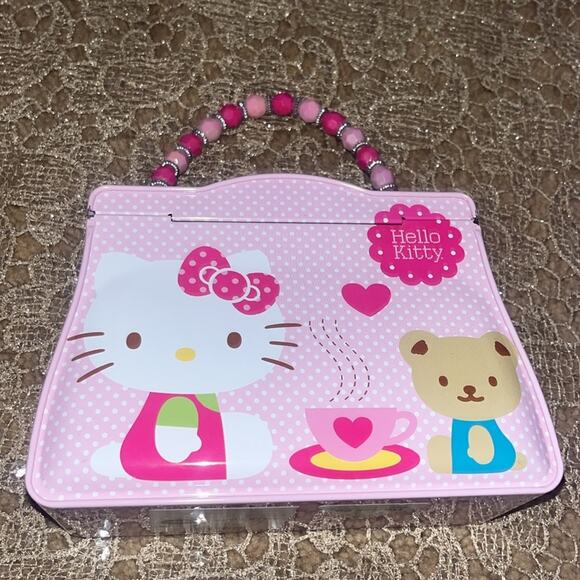 Hello Kitty Pink Tin Box with Beaded Handle and My Melody Stickers New - Picture 5 of 5